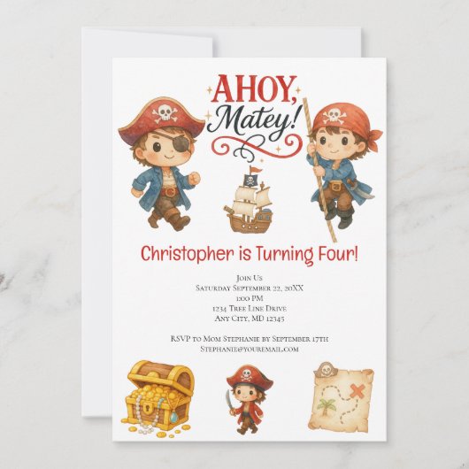 Invitation Pirate Boys 4e anniversaire mignon tendance (Devant)