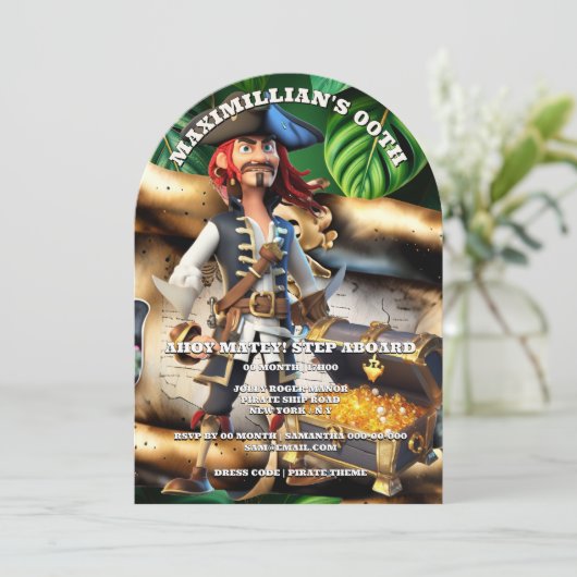 Invitation Pirate captain treasure chest boys theme birthday  (Debout devant)