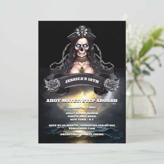 Invitation Pirate femme orageuse océan thème d'anniversaire (Debout devant)