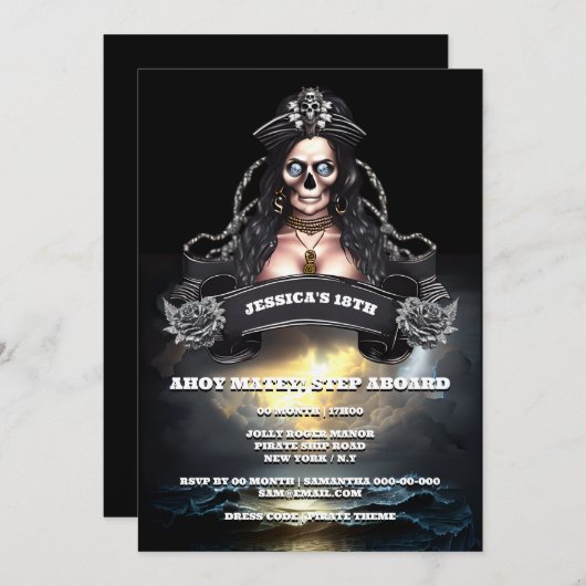 Invitation Pirate femme orageuse océan thème d'anniversaire (Devant / Derrière)