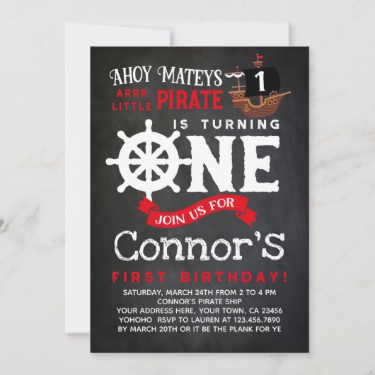 Invitation Pirate First Birthday Chalkboard (Devant)