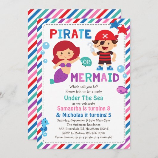 Invitation Pirate ou Sirène, Sous la mer (Devant / Derrière)