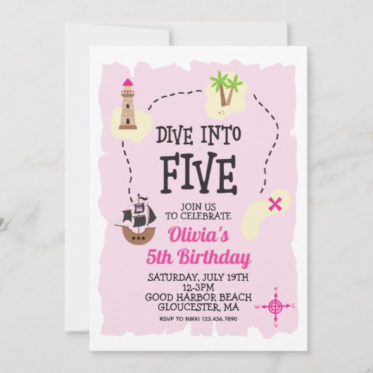 Invitation pirate pour 5ème anniversaire rose (Devant)