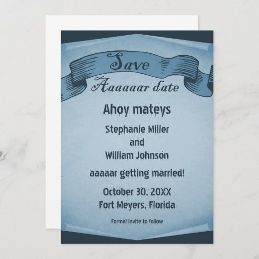 Invitation Pirate Scroll Save the Date, Bleu (Devant / Derrière)