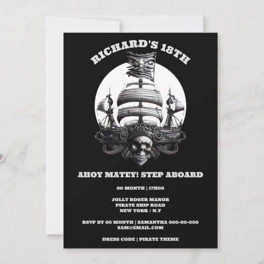 Invitation Pirate thème fête noir blanc crâne navire drapeau (Devant)