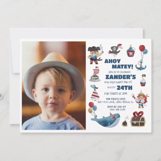 Invitation Pirate Thème Photo Boys 4e fête d'anniversaire (Devant)