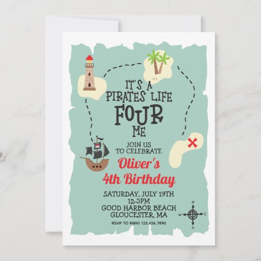 Invitation Pirate Treasure map 4e anniversaire (Devant)