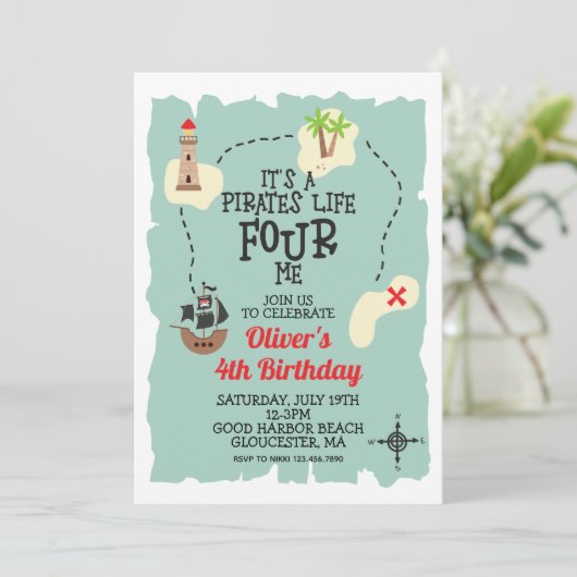 Invitation Pirate Treasure map 4e anniversaire (Debout devant)