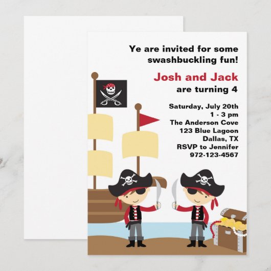 Invitation Pirates d'anniversaire (Devant / Derrière)