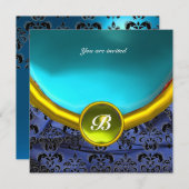 Invitation PIRRE DAMASQUÉE MONOGRAMME bleu noir jaune blanc (Devant / Derrière)