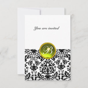 Invitation PIRRE FIN MONOGRAMME DAMASK jaune blanc rsvp