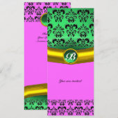 Invitation PIRRE MONOGRAMME DAMASK GEMSTONE vert, violet, ros (Devant / Derrière)
