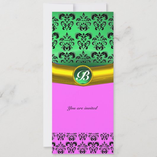 Invitation PIRRE MONOGRAMME DAMASK GEMSTONE vert, violet, ros (Devant)