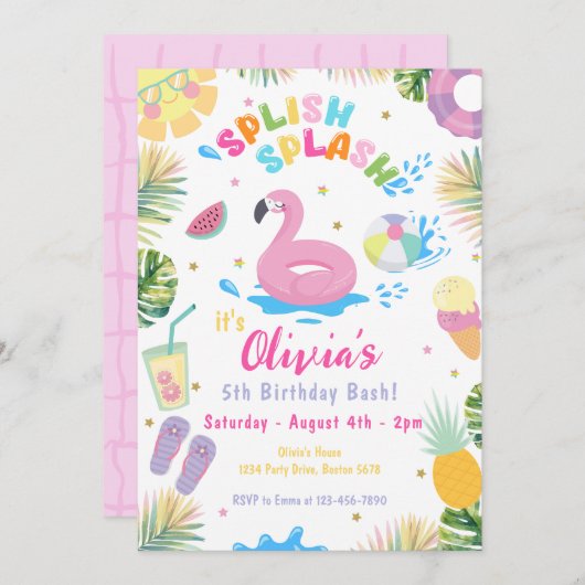 Invitation Piscine à éclaboussures fête Eau estivale Annivers (Devant / Derrière)