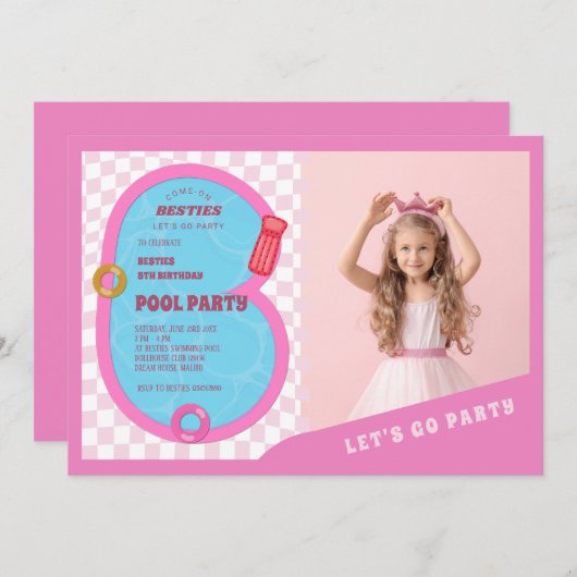 Invitation Piscine à poupées rose Retro Anniversaire (Devant / Derrière)
