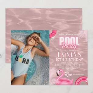 Invitation Piscine à script moderne rose vif fête d'anniversa