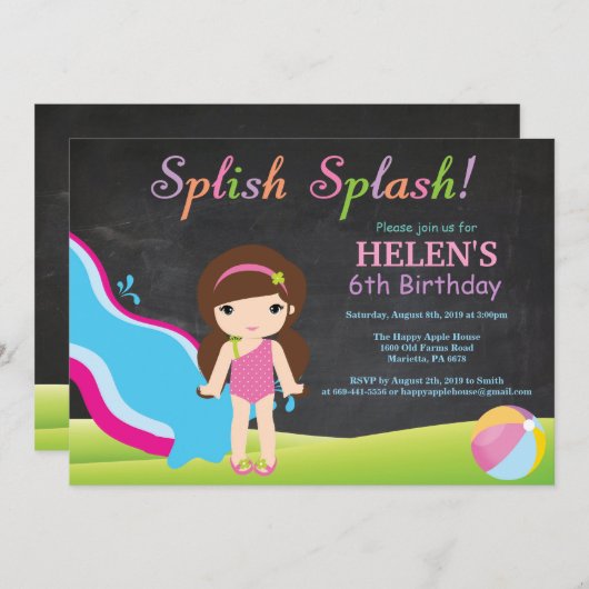 Invitation Piscine à toboggan pour tableau noir fête d'annive (Devant / Derrière)