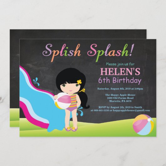 Invitation Piscine à toboggan pour tableau noir fête d'annive (Devant / Derrière)