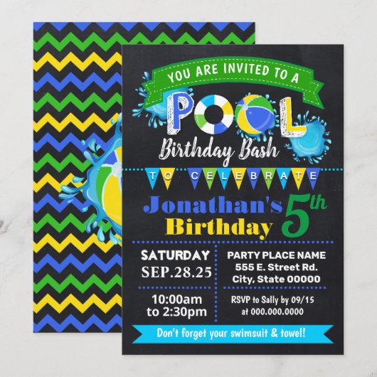 Invitation Piscine Bleue Chalkboard Anniversaire Bassin d'été (Devant / Derrière)