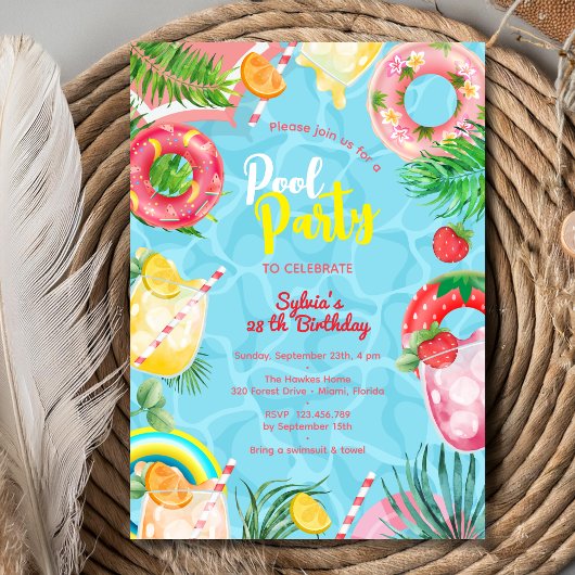 Invitation Piscine boissons d'été anniversaire adulte