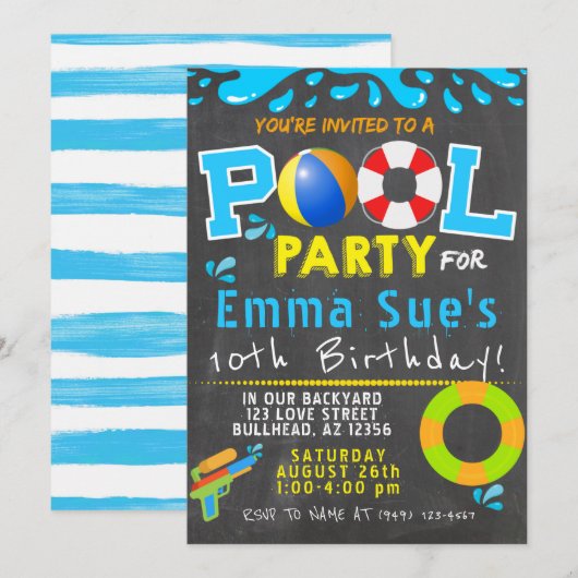 Invitation Piscine colorée fête d'eau canon d'anniversaire (Devant / Derrière)