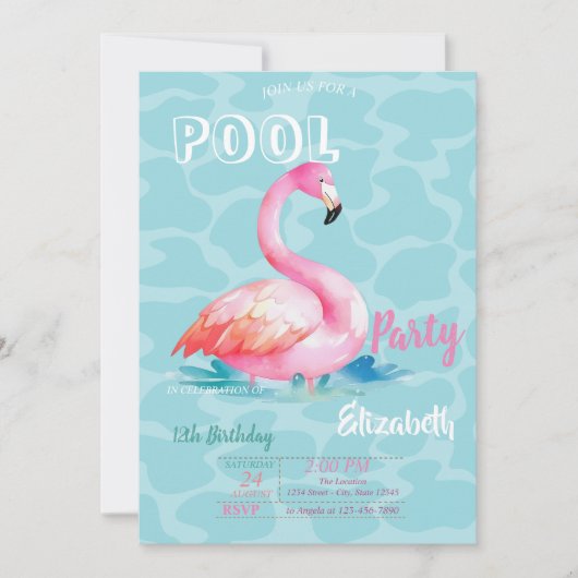 Invitation Piscine cool Flamants roses roses été Anniversaire (Devant)