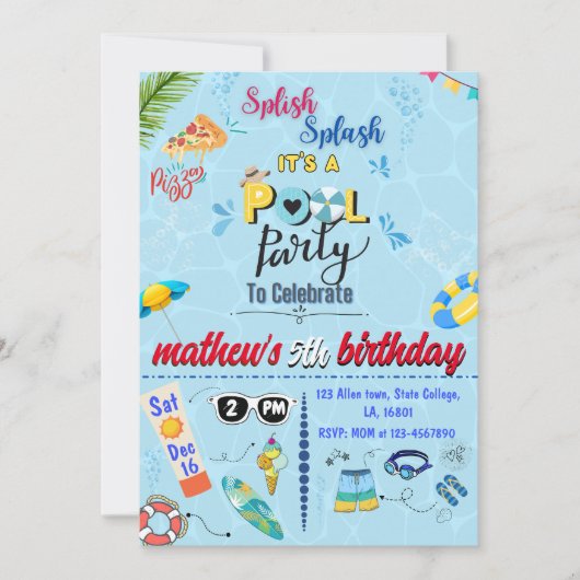Invitation Piscine Cool moderne Été Anniversaire Fête Invitat (Devant)