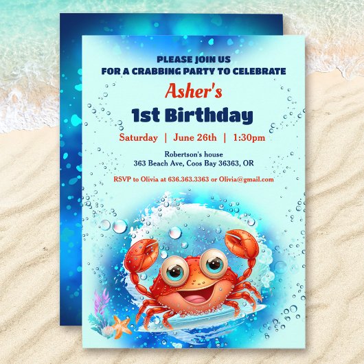 Invitation Piscine de crabe 1er anniversaire fête Blue Boy Cu