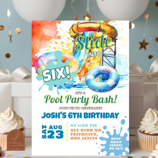 Invitation Piscine de fête Bassh Waterslide Anniversaire