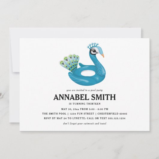 Invitation Piscine de paon Flottant de piscine fête Anniversa (Devant)
