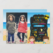 Invitation Piscine de plage Anniversaire Fête Jumeaux Filles (Devant / Derrière)