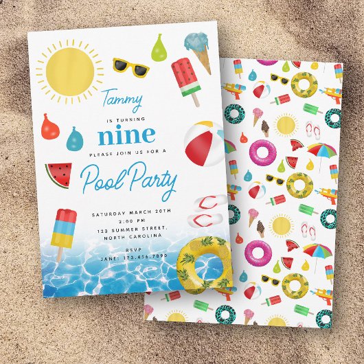 Invitation Piscine d'été à thème pour enfants Fête d'annivers