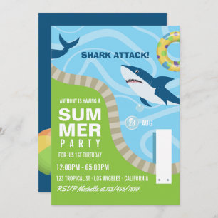 Invitation Piscine d'été à thème requin Fête d'anniversaire