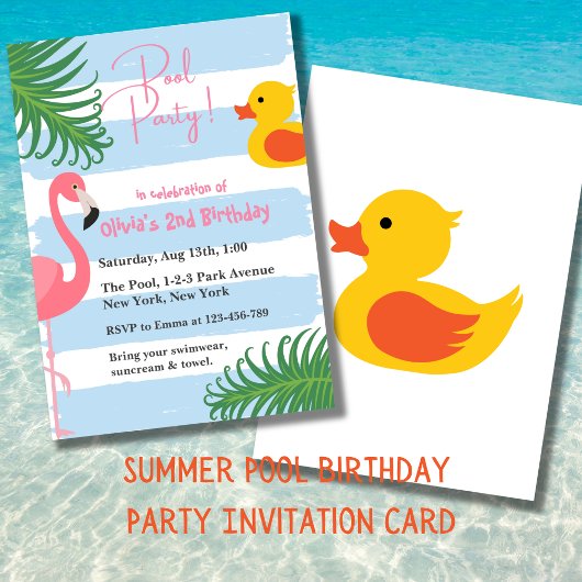 Invitation Piscine d'été Flamant rose en caoutchouc Canard fê