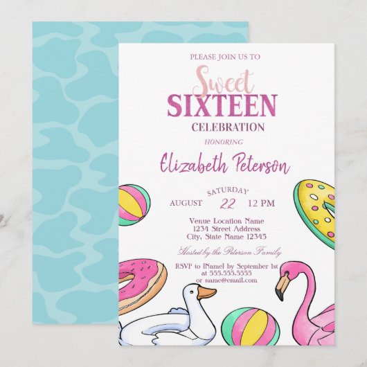 Invitation Piscine d'été Flamant rose rose Doux 16 Party (Devant / Derrière)