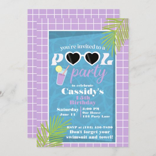 Invitation Piscine d'été Retro violet lavande fête d'annivers (Devant / Derrière)