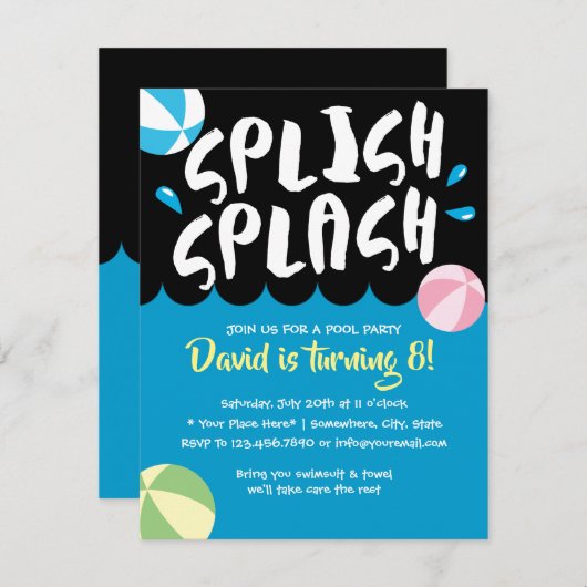 Invitation Piscine d'été Splish Splash Fête d'anniversaire (Devant / Derrière)