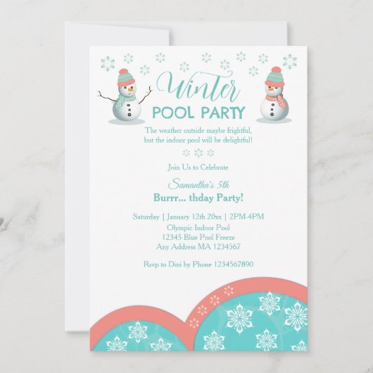 Invitation Piscine d'hiver fête d'anniversaire (Devant)