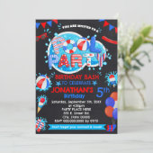 Invitation Piscine été Anniversaire Bassin Rouge Blanc Bleu (Debout devant)