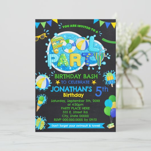 Invitation Piscine été Anniversaire Bleu Vert Jaune Fête (Debout devant)