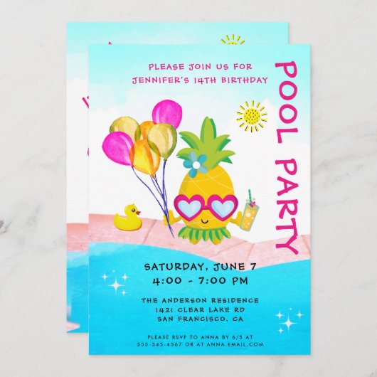 Invitation Piscine Fête Anniversaire (Devant / Derrière)
