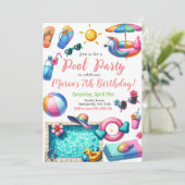 Invitation Piscine Fête aquarelle été à thème Anniversaire (Debout devant)