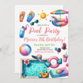 Invitation Piscine Fête aquarelle été à thème Anniversaire (Devant / Derrière)