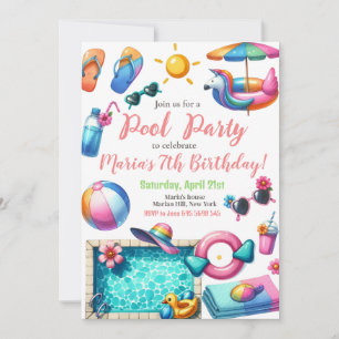 Invitation Piscine Fête aquarelle été à thème Anniversaire