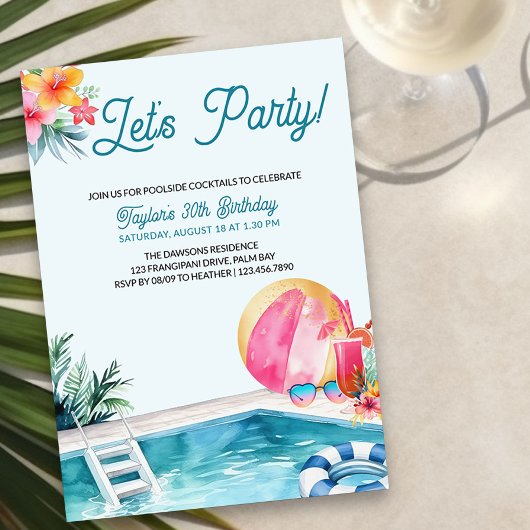 Invitation Piscine Fête Cocktails d'été Adulte Anniversaire