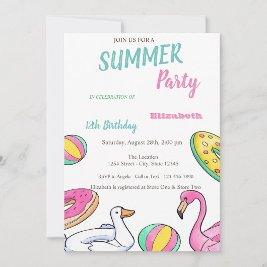 Invitation Piscine fête d'été fête d'anniversaire (Devant)