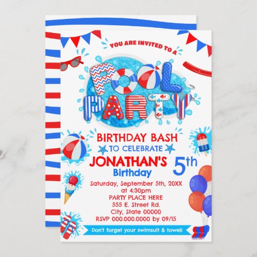 Invitation Piscine Fête d'été Rouge Blanc Bleu (Devant / Derrière)