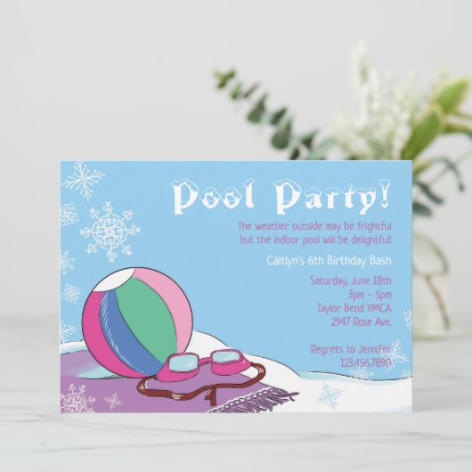 Invitation Piscine fêtée en hiver Filles nage intérieure neig (Debout devant)