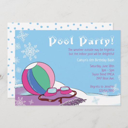 Invitation Piscine fêtée en hiver Filles nage intérieure neig (Devant / Derrière)