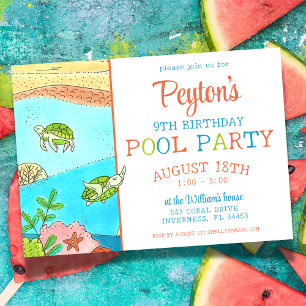 Invitation Piscine fêtes de la tortue marine été Anniversaire